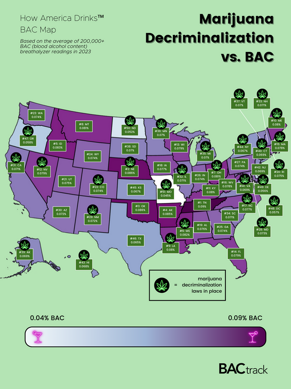 marijuana decriminalization vs. drinking map