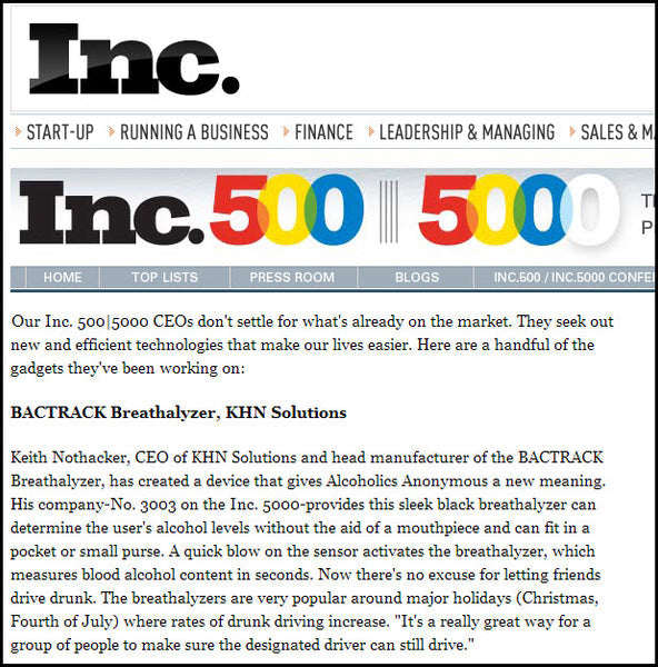 KHN Solutions and the BACtrack B70 Featured in Inc.com