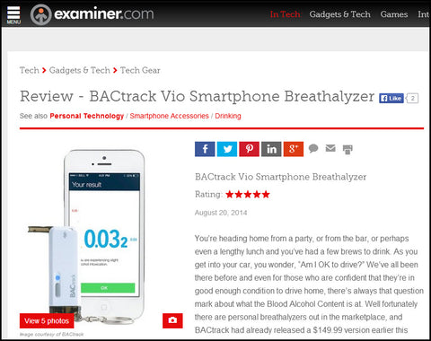 BACtrack Vio Earns 5/5 Stars on Examiner.com