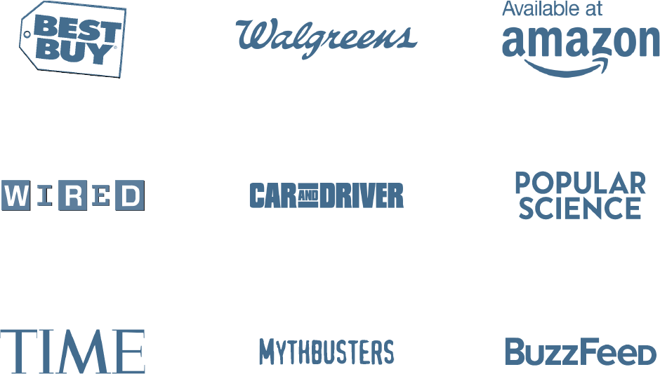 Best Buy, Walgreens, Amazon, WIRED, Car and Driver, Popular Science, TIME, Mythbusters and BuzzFeed logos